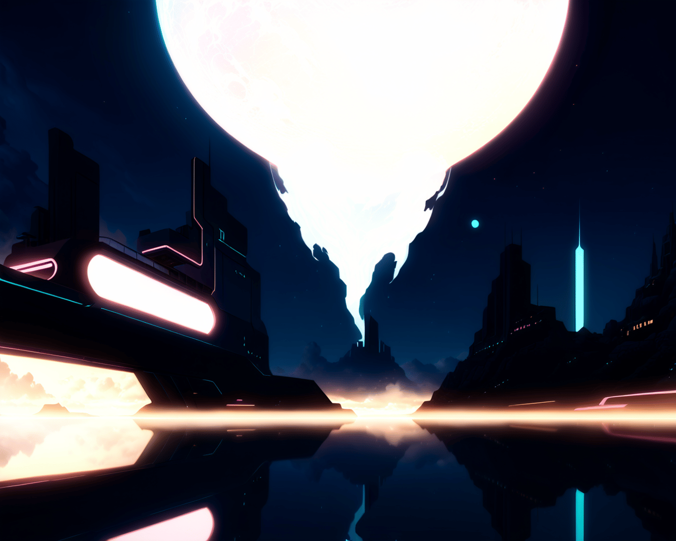 AI generated wallpaper featuring city, moon, water