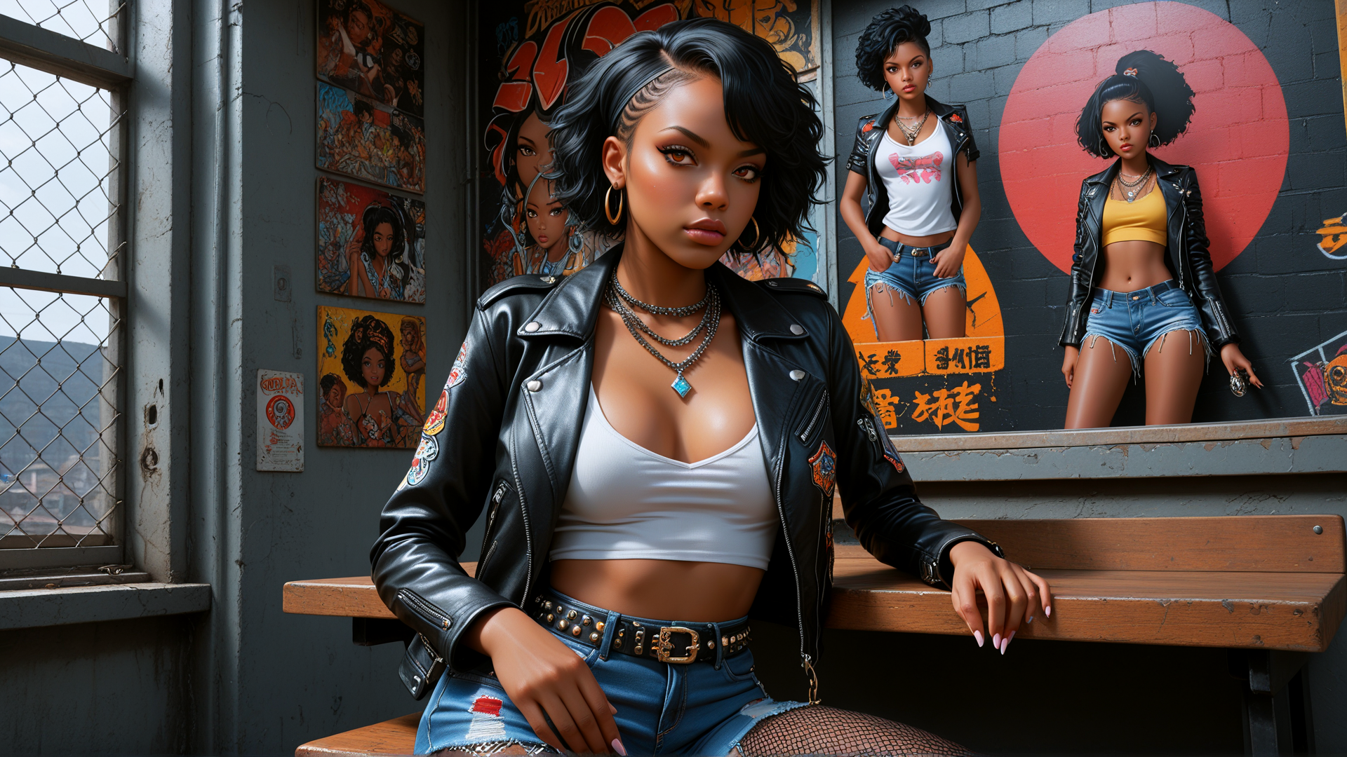 AI generated wallpaper featuring woman, biker jacket, bench, murals, jeans, chokers, earrings, posters, window, tattoo
