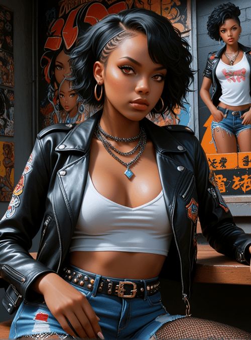 woman, biker jacket, bench, murals, jeans, chokers, earrings, posters, window, tattoo