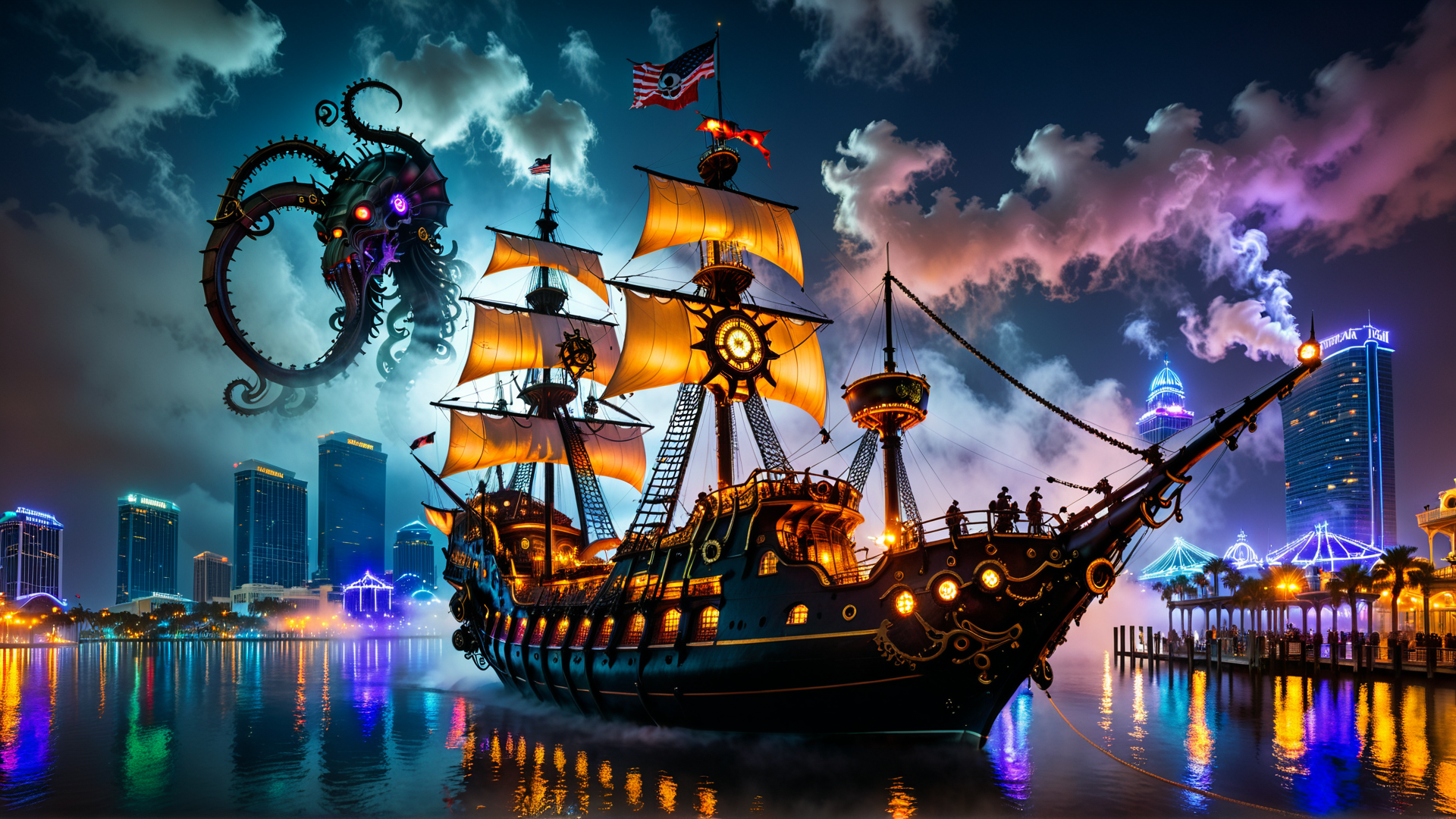 AI generated wallpaper featuring ship, octopus, city, buildings, sails, people, water