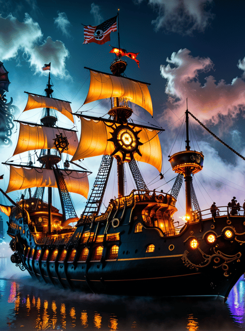 ship, octopus, city, buildings, sails, people, water