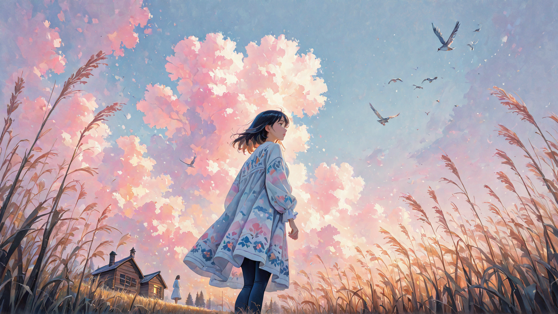 AI generated wallpaper featuring girl, field, house