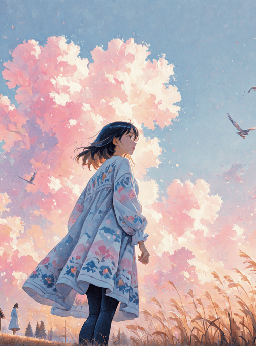 girl, field, house