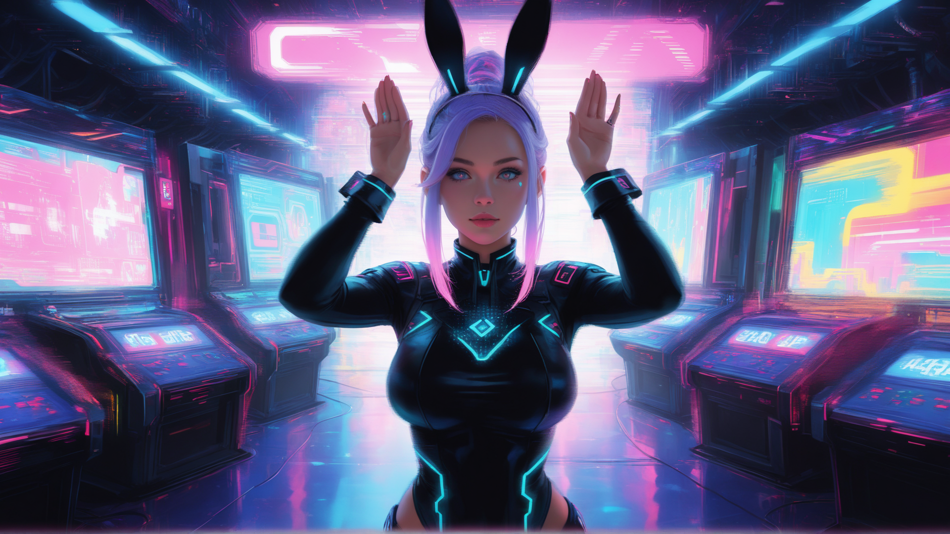 AI generated wallpaper featuring rabbit, cyberpunk, gamer
