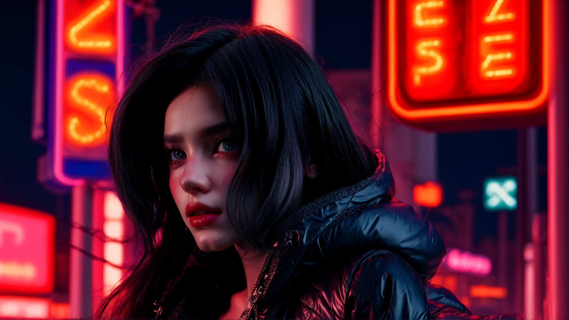AI generated wallpaper featuring woman, neon, city