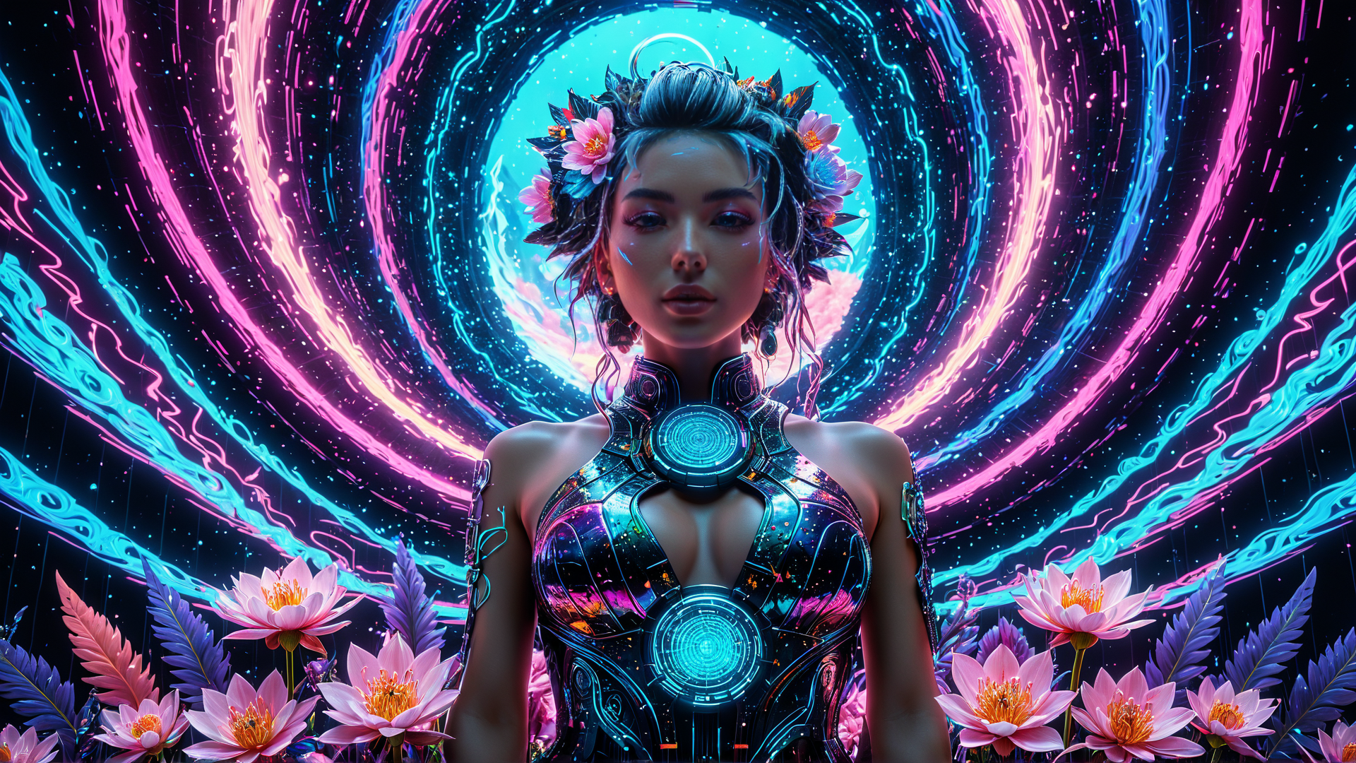 AI generated wallpaper featuring woman, neon, lotus