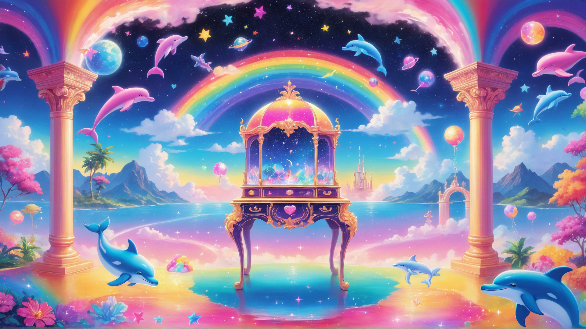 AI generated wallpaper featuring dolphins, fairy tale, cabinet