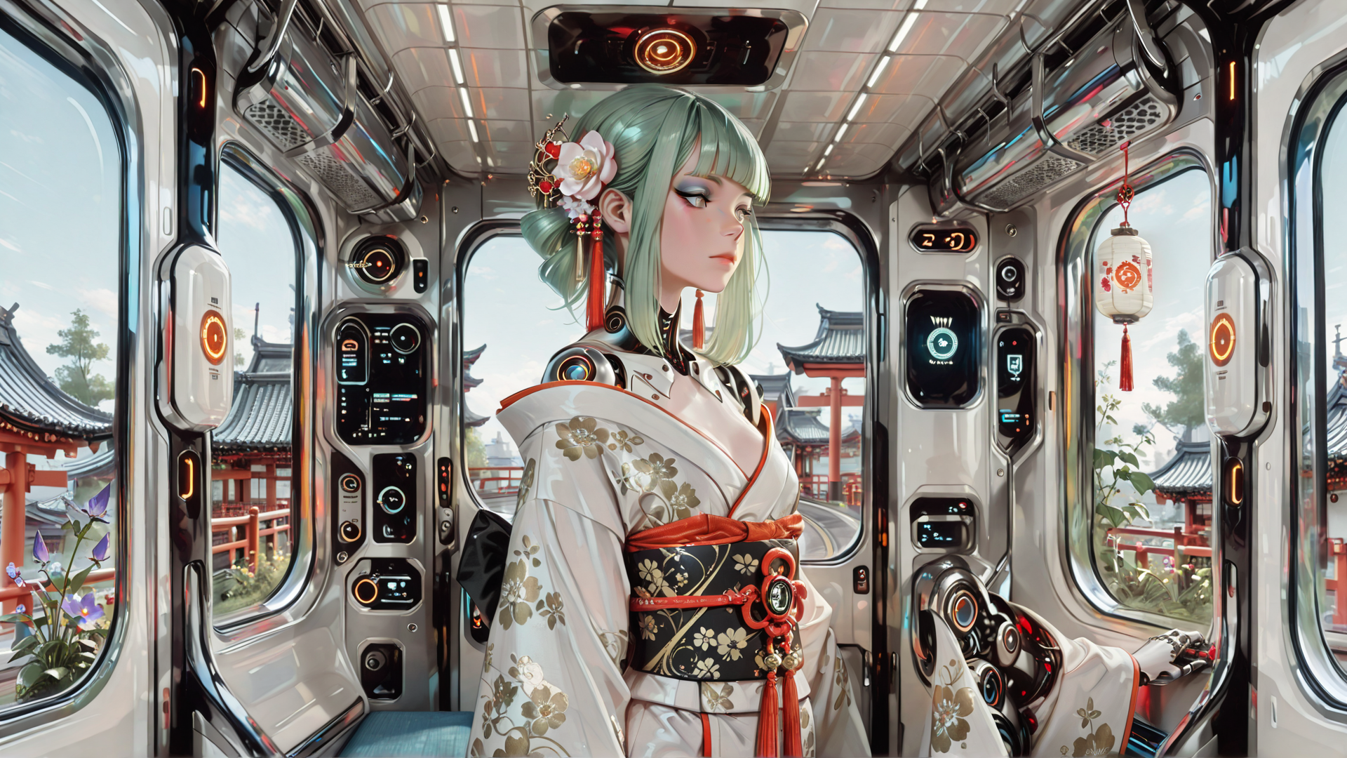 AI generated wallpaper featuring woman, train, kimono, lantern, glasses, window, traditional, futuristic, robot, flower