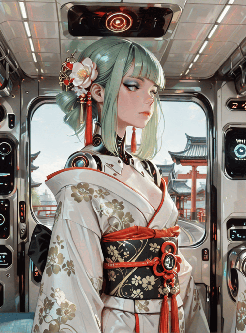 woman, train, kimono, lantern, glasses, window, traditional, futuristic, robot, flower