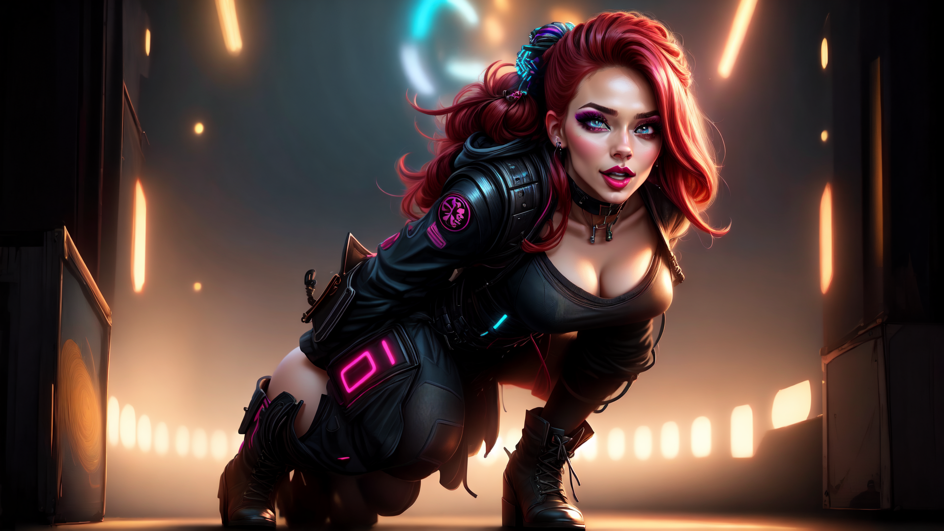AI generated wallpaper featuring cyberpunk, woman, neon, leather, gloves, boots, hair