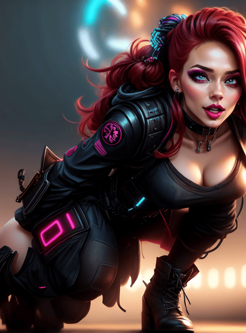 cyberpunk, woman, neon, leather, gloves, boots, hair