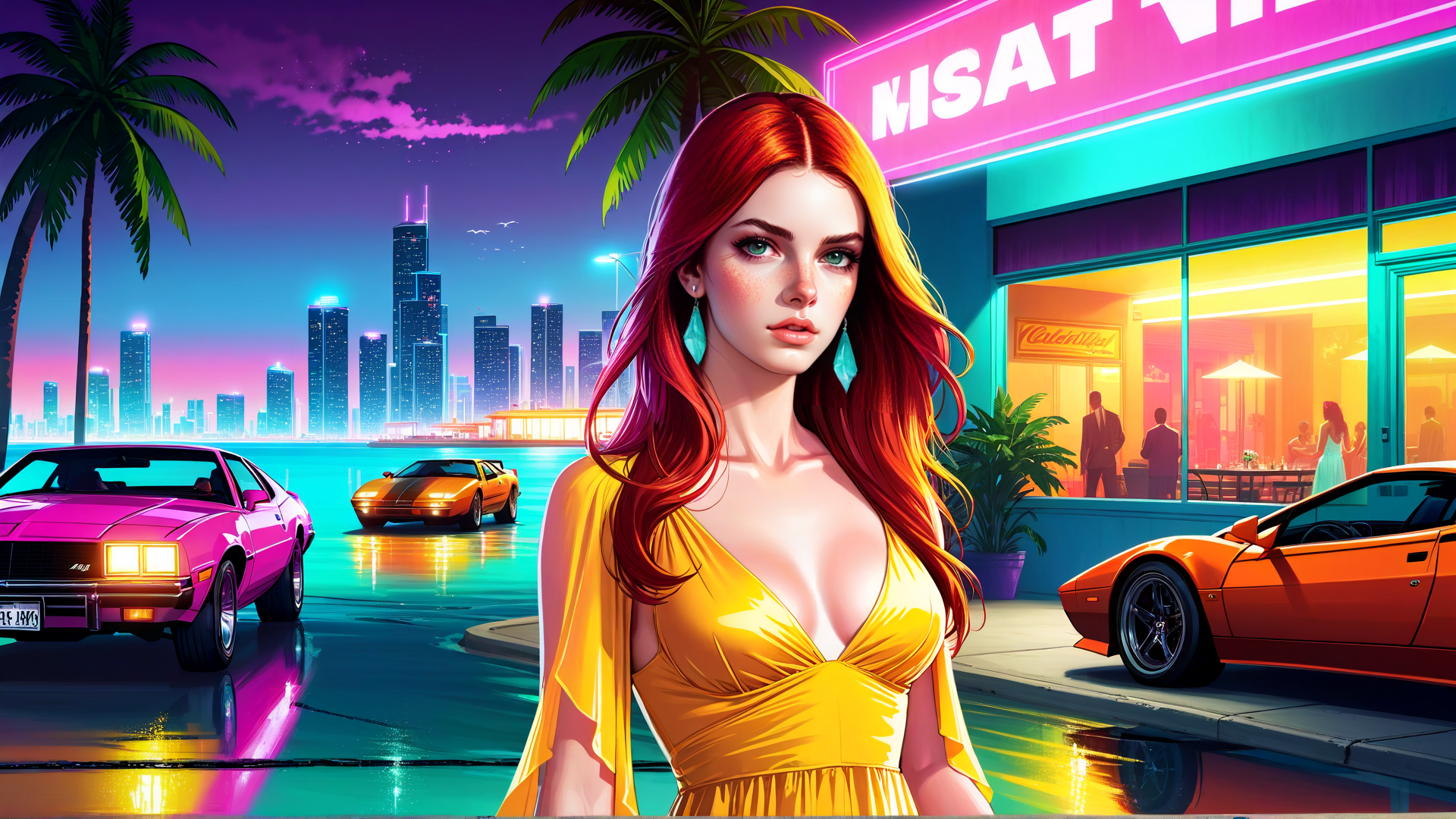 AI generated wallpaper featuring woman, car, cityscape, palm tree, neon sign