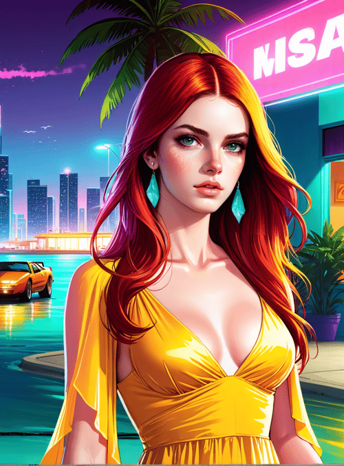 woman, car, cityscape, palm tree, neon sign