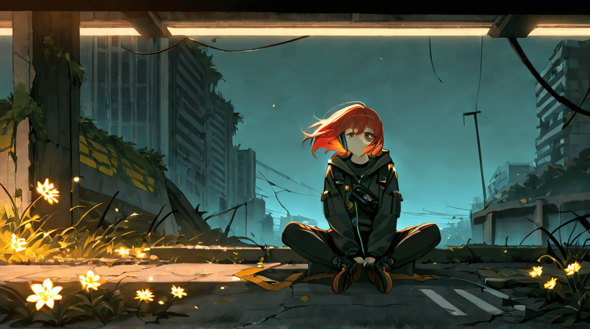 AI generated wallpaper featuring girl, city, flowers