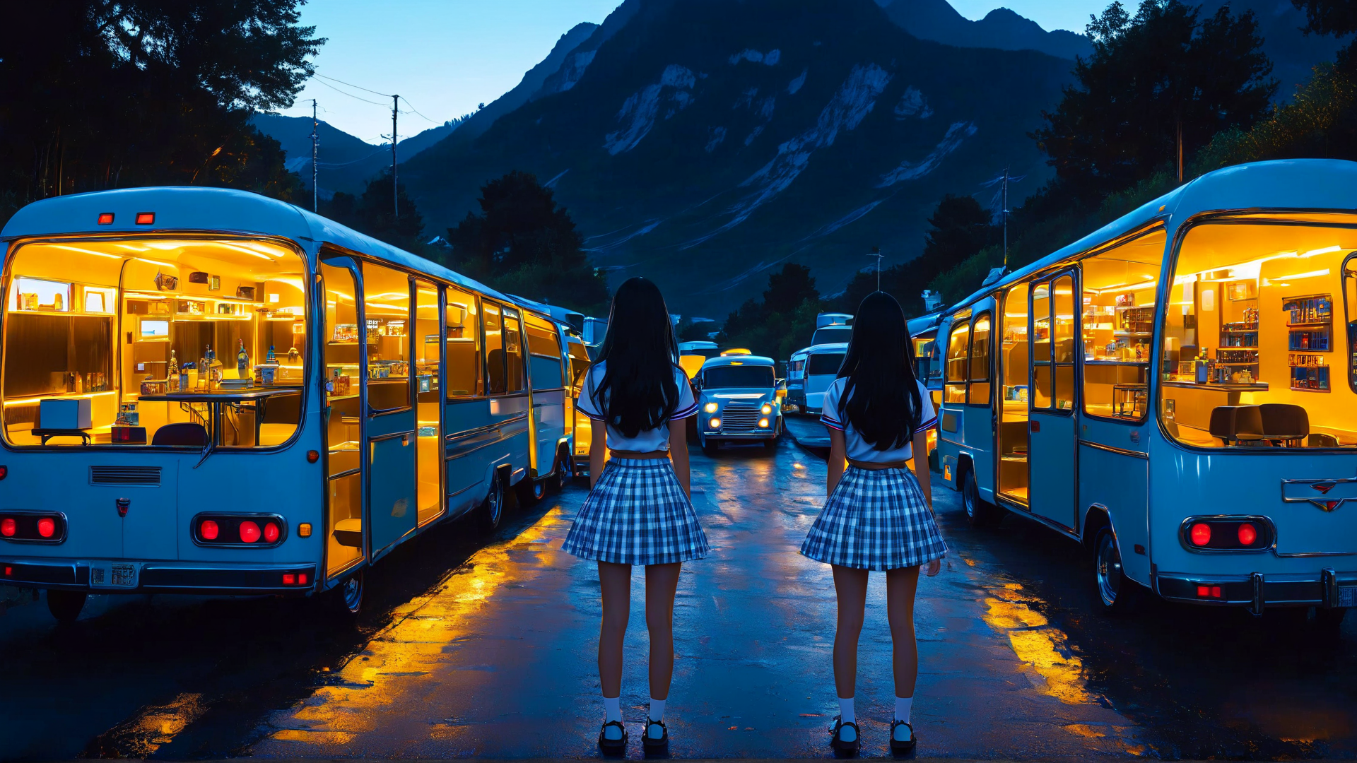 AI generated wallpaper featuring girls, buses, mountains, road, skirt, bus, car, trees, sky, lights