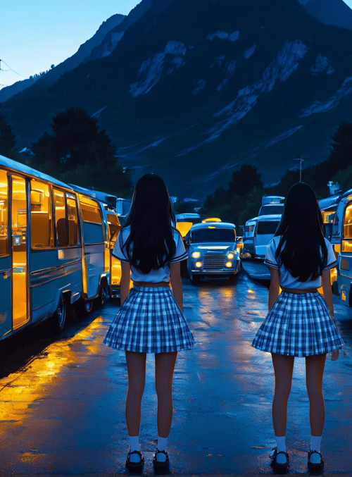 girls, buses, mountains, road, skirt, bus, car, trees, sky, lights