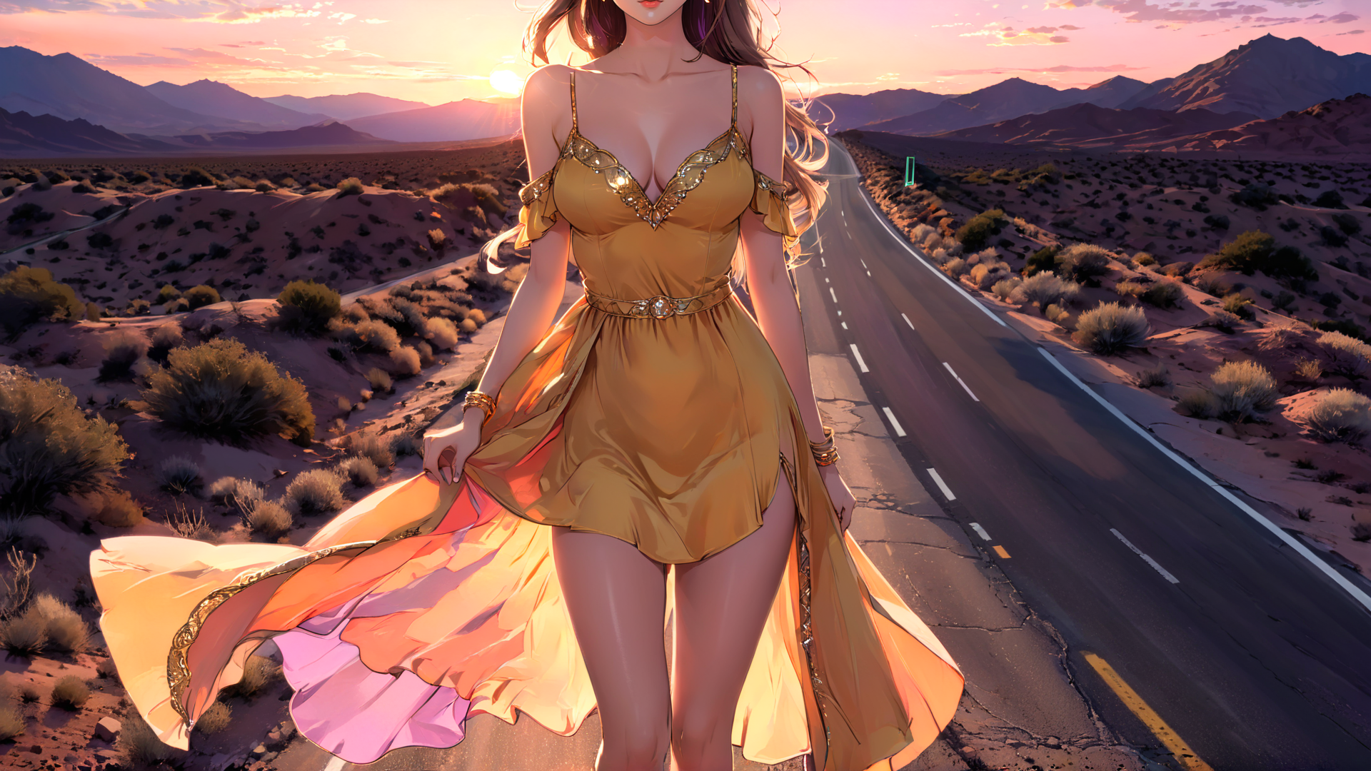 AI generated wallpaper featuring woman, dress, road