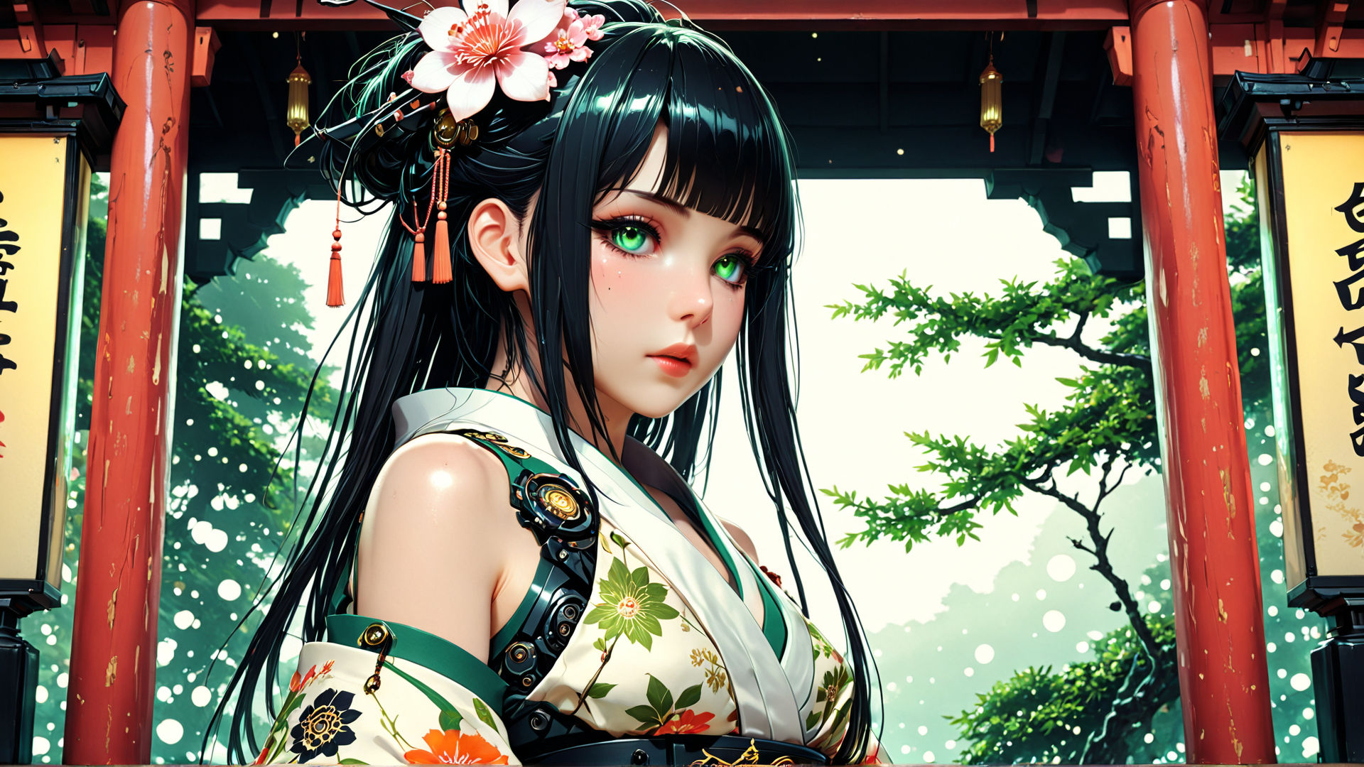 AI generated wallpaper featuring woman, girl, anime, character, flower, kimono, garden, tree, lantern, building