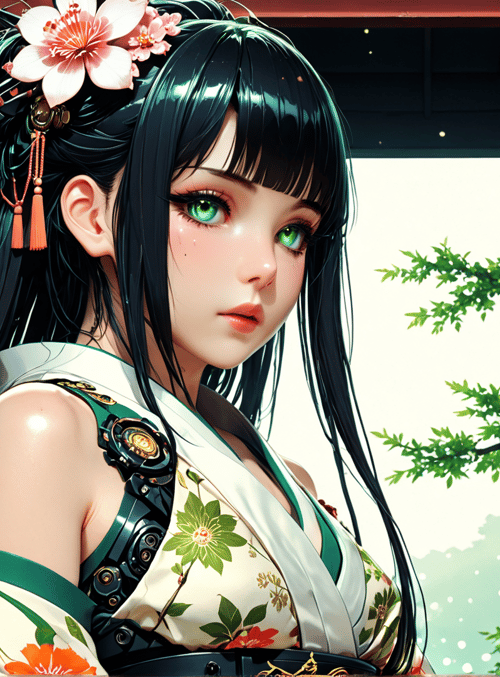 woman, girl, anime, character, flower, kimono, garden, tree, lantern, building