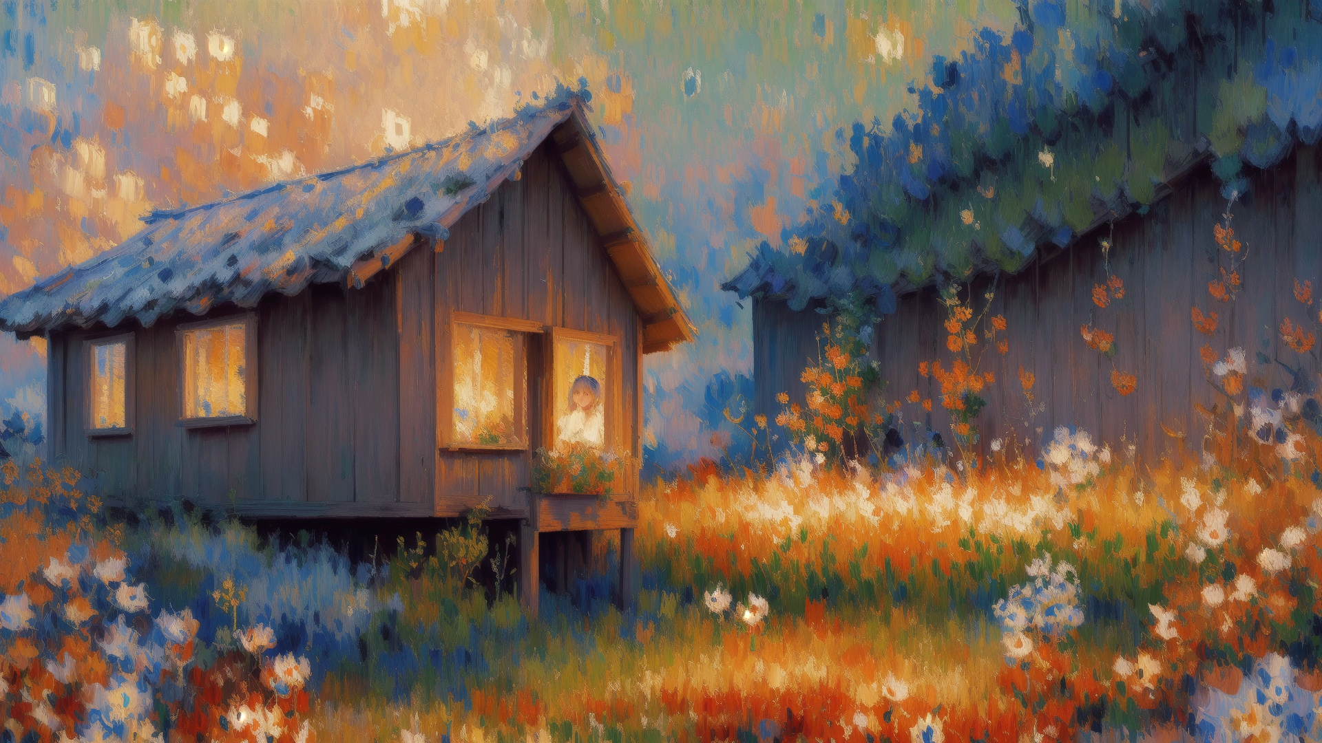 AI generated wallpaper featuring house, girl, flowers