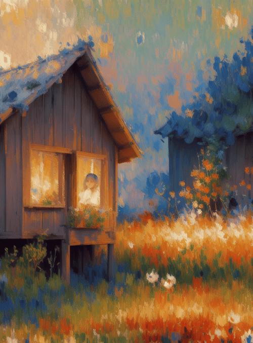 house, girl, flowers