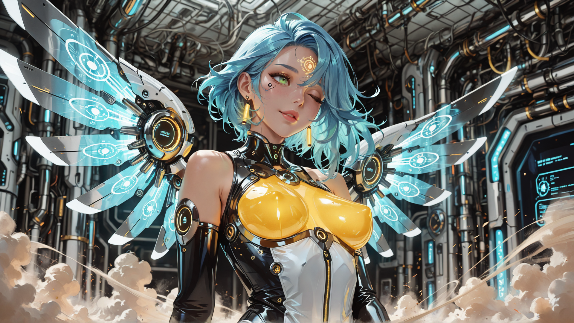 AI generated wallpaper featuring cyborg, futuristic, woman, angelic wings, mechanical, sleeveless, leather, gloves, earrings, hair