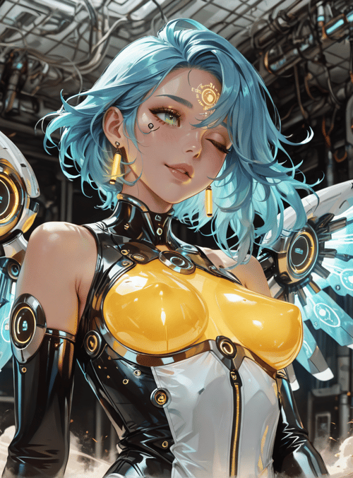 cyborg, futuristic, woman, angelic wings, mechanical, sleeveless, leather, gloves, earrings, hair