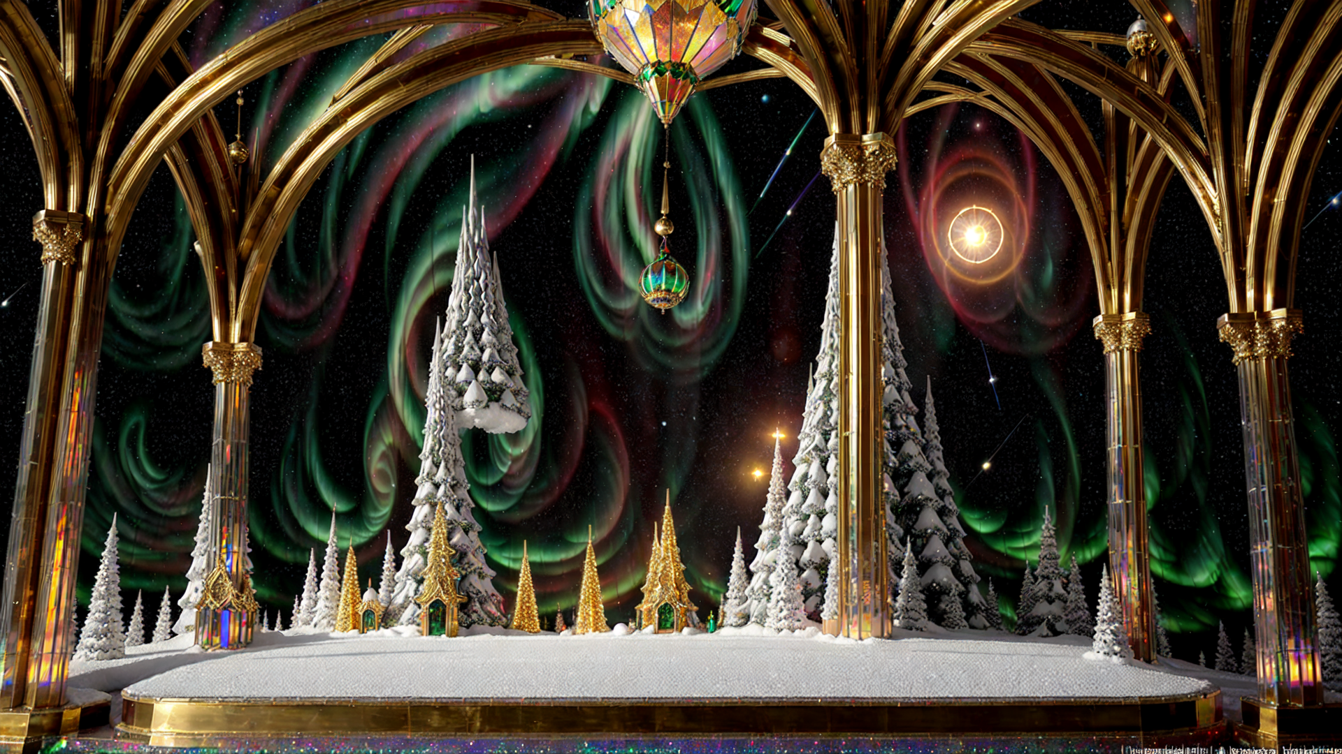 AI generated wallpaper featuring christmas tree, aurora, gothic arch, snow, lantern, crystal, castle, star, sky, pole