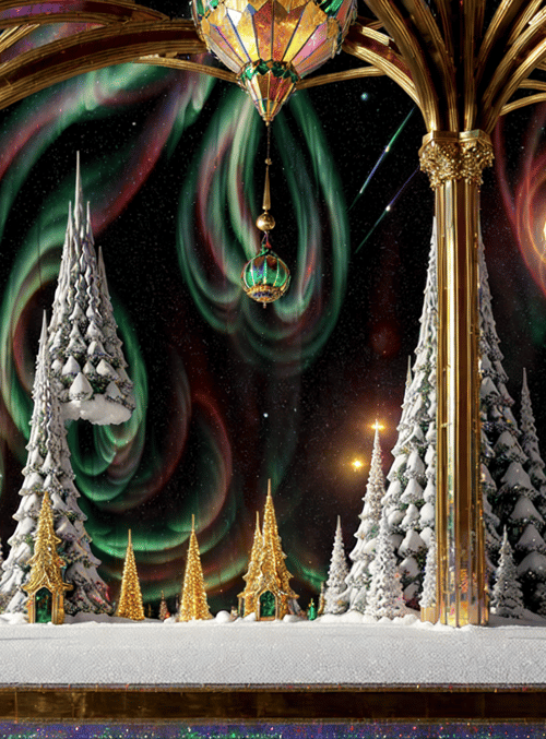 christmas tree, aurora, gothic arch, snow, lantern, crystal, castle, star, sky, pole