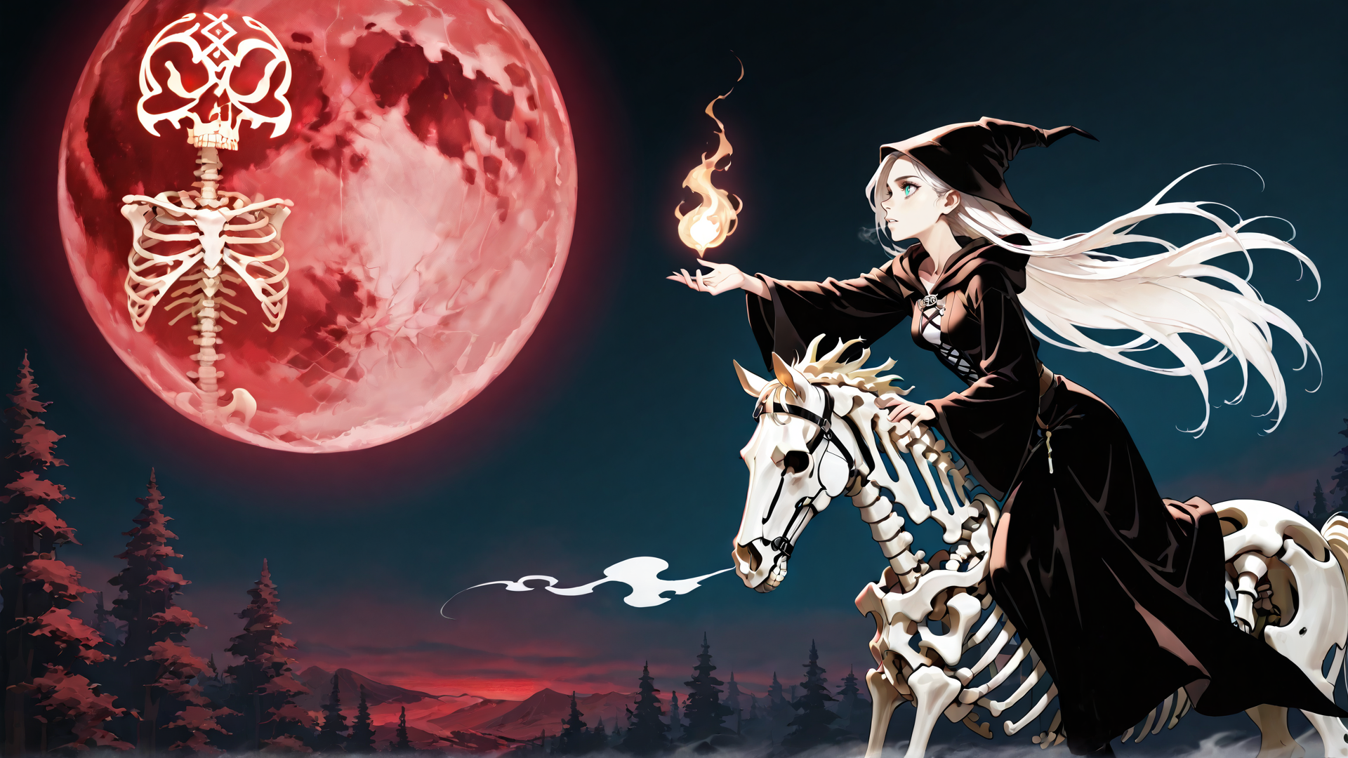 AI generated wallpaper featuring witch, skeleton horse, red moon, fire, skeleton, forest, woman, cape, hat, flame