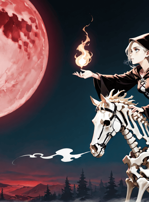 witch, skeleton horse, red moon, fire, skeleton, forest, woman, cape, hat, flame