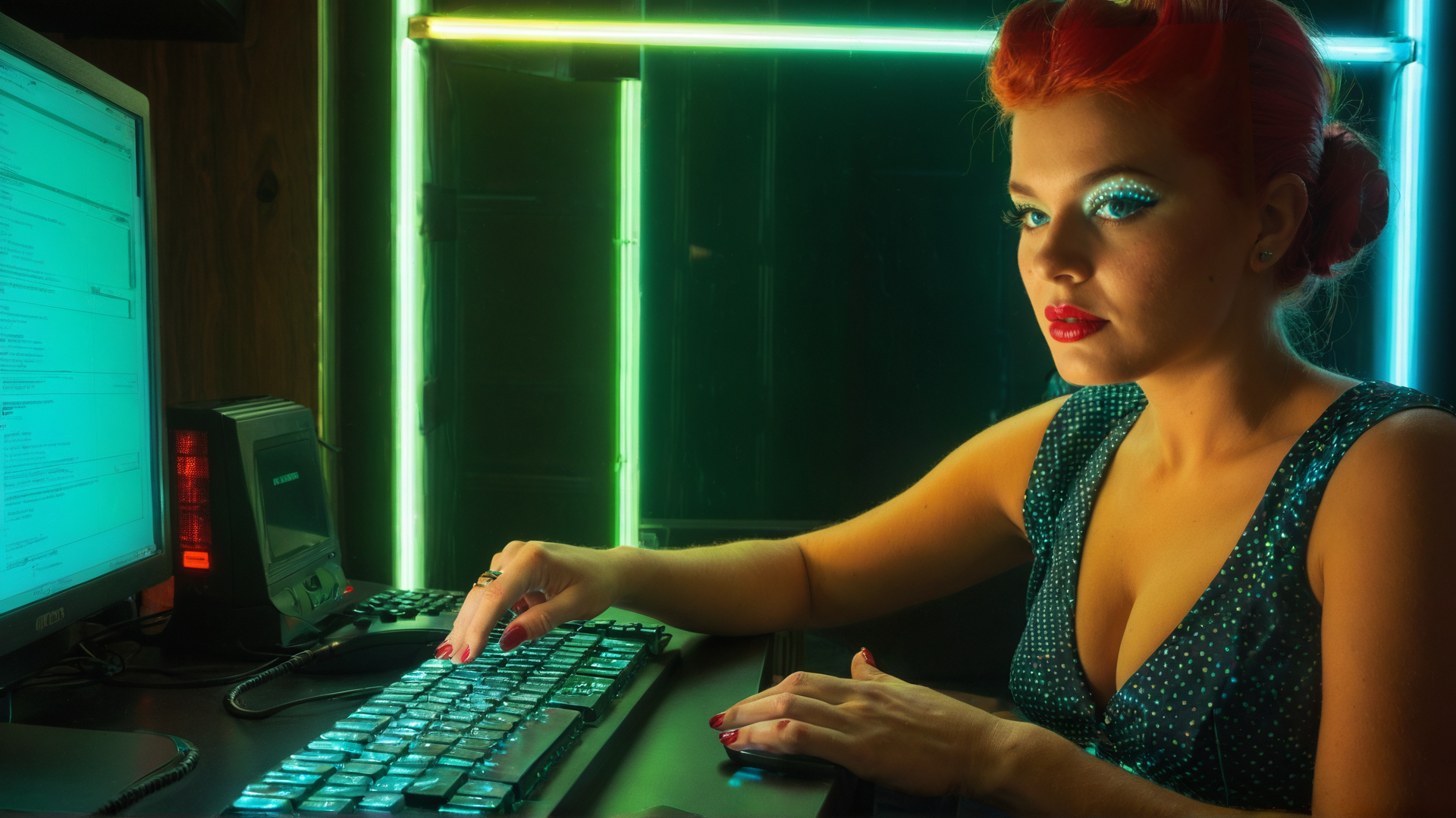 AI generated wallpaper featuring woman, computer, neon