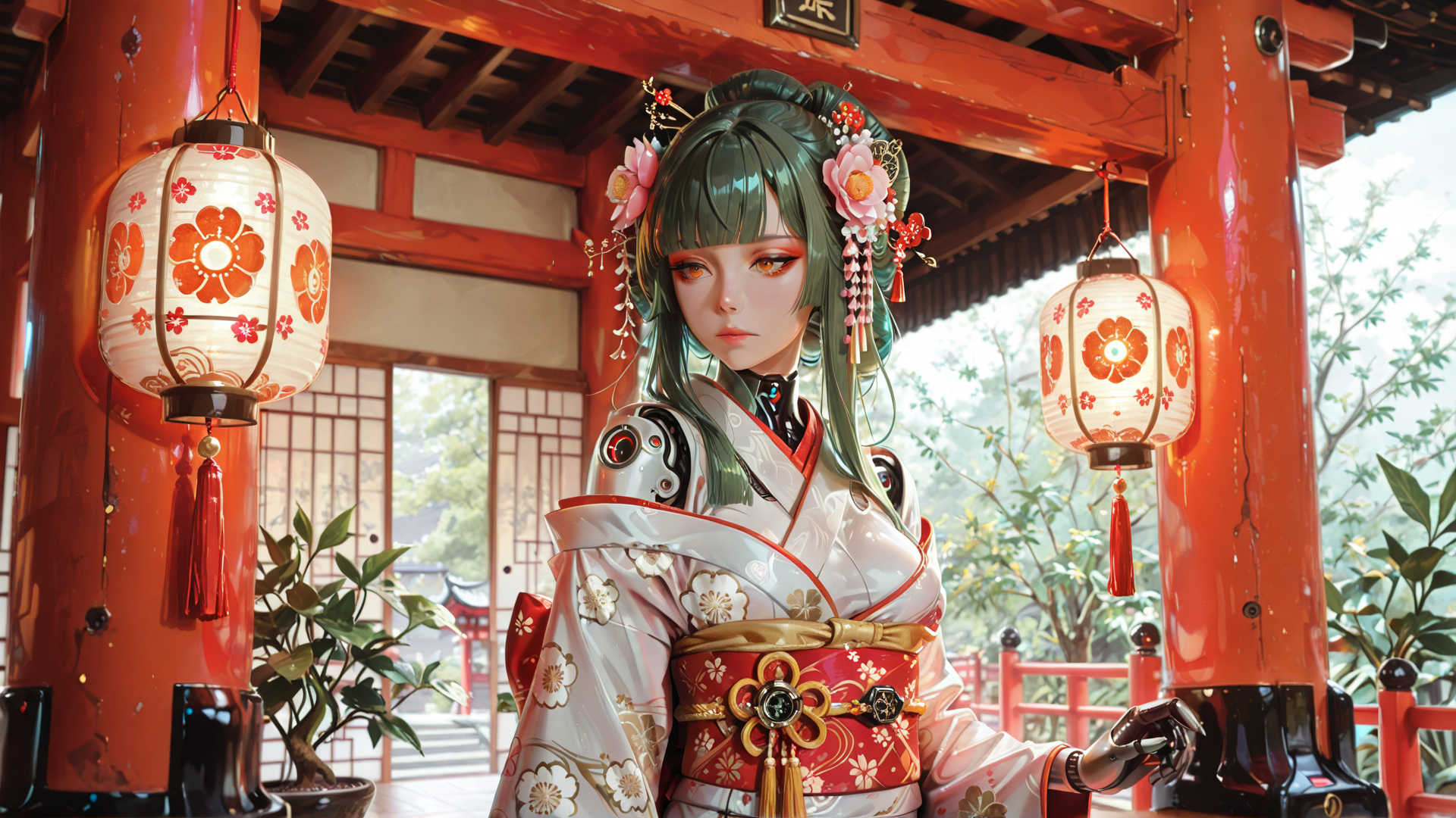 AI generated wallpaper featuring robot, woman, kimono, lantern, garden, traditional, japanese, sleeve, flower, hair