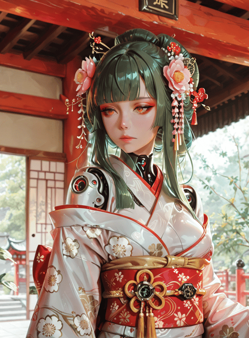 robot, woman, kimono, lantern, garden, traditional, japanese, sleeve, flower, hair