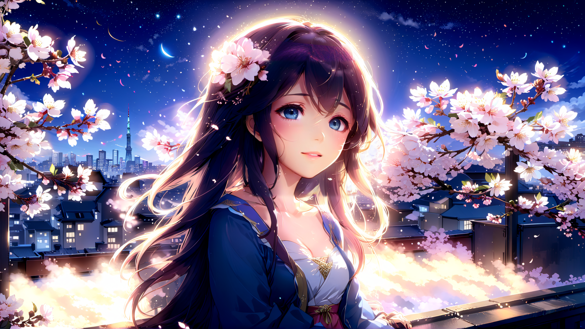 AI generated wallpaper featuring girl, cherry blossoms, city