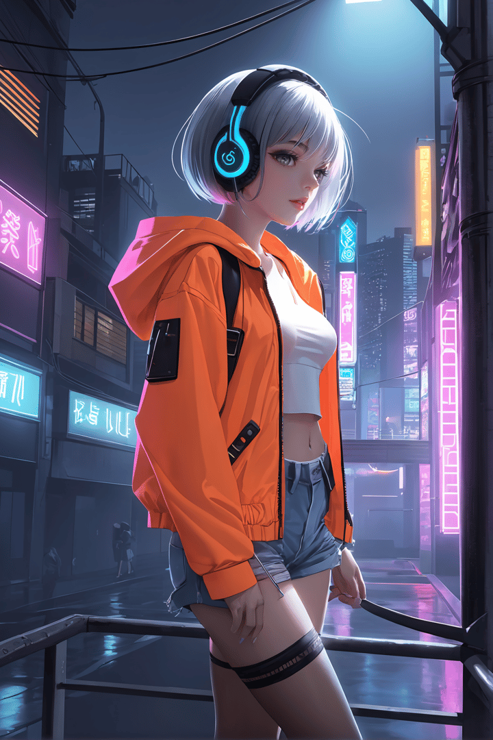 AI generated wallpaper featuring girl, neon, headphones, jacket, cityscape