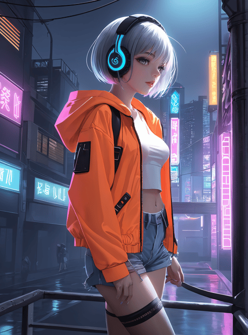 girl, neon, headphones, jacket, cityscape