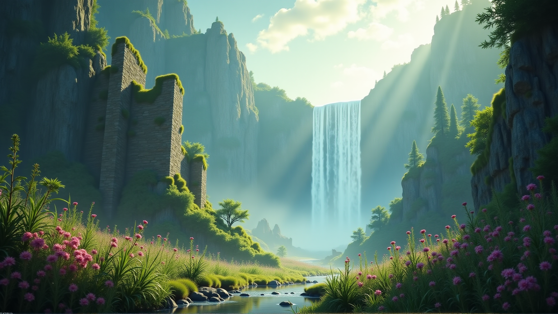 AI generated wallpaper featuring waterfall, ruins, flowers