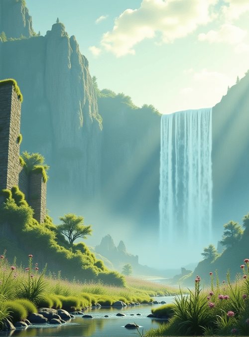 waterfall, ruins, flowers