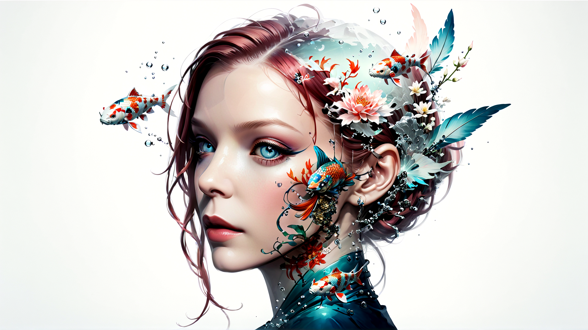 AI generated wallpaper featuring girl, koi fish, flowers, feathers, water droplets, hair