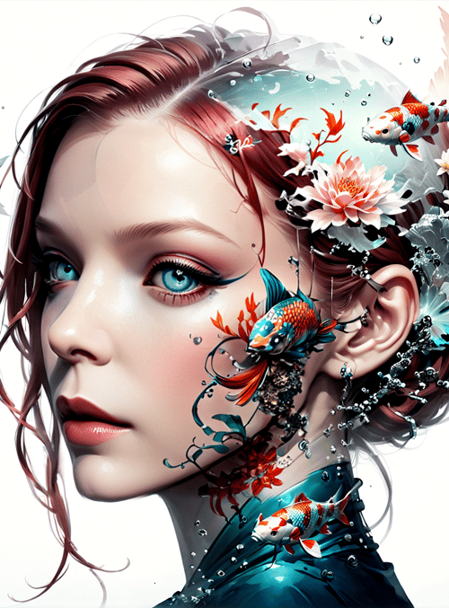 girl, koi fish, flowers, feathers, water droplets, hair