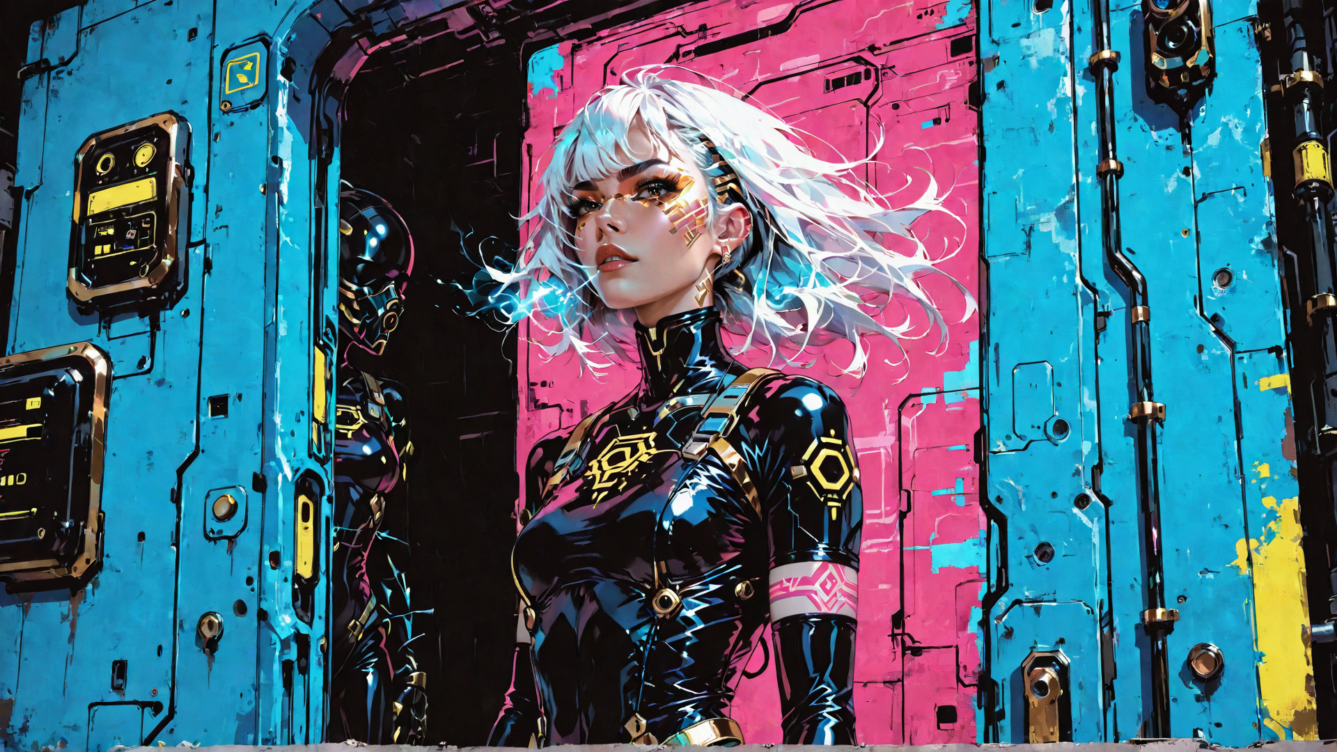 AI generated wallpaper featuring cyborg, woman, robot, door, neon