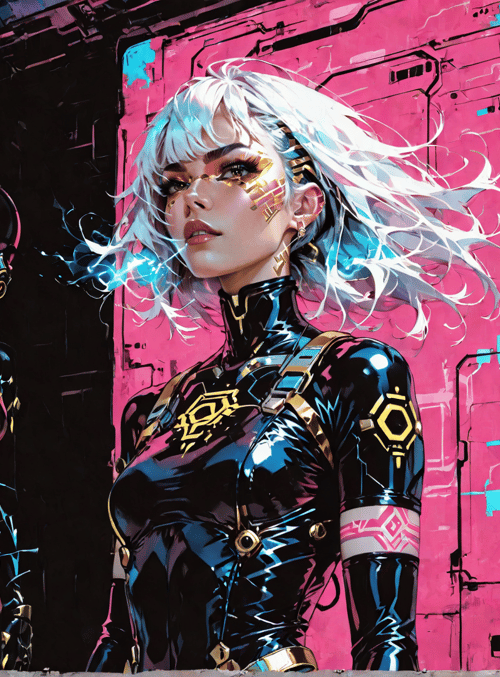 cyborg, woman, robot, door, neon