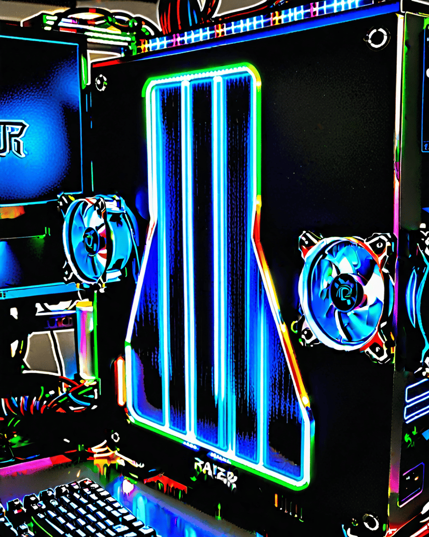 AI generated wallpaper featuring computer, gaming, rgb, case, fans, keyboard, monitor, razer, lighting, custom