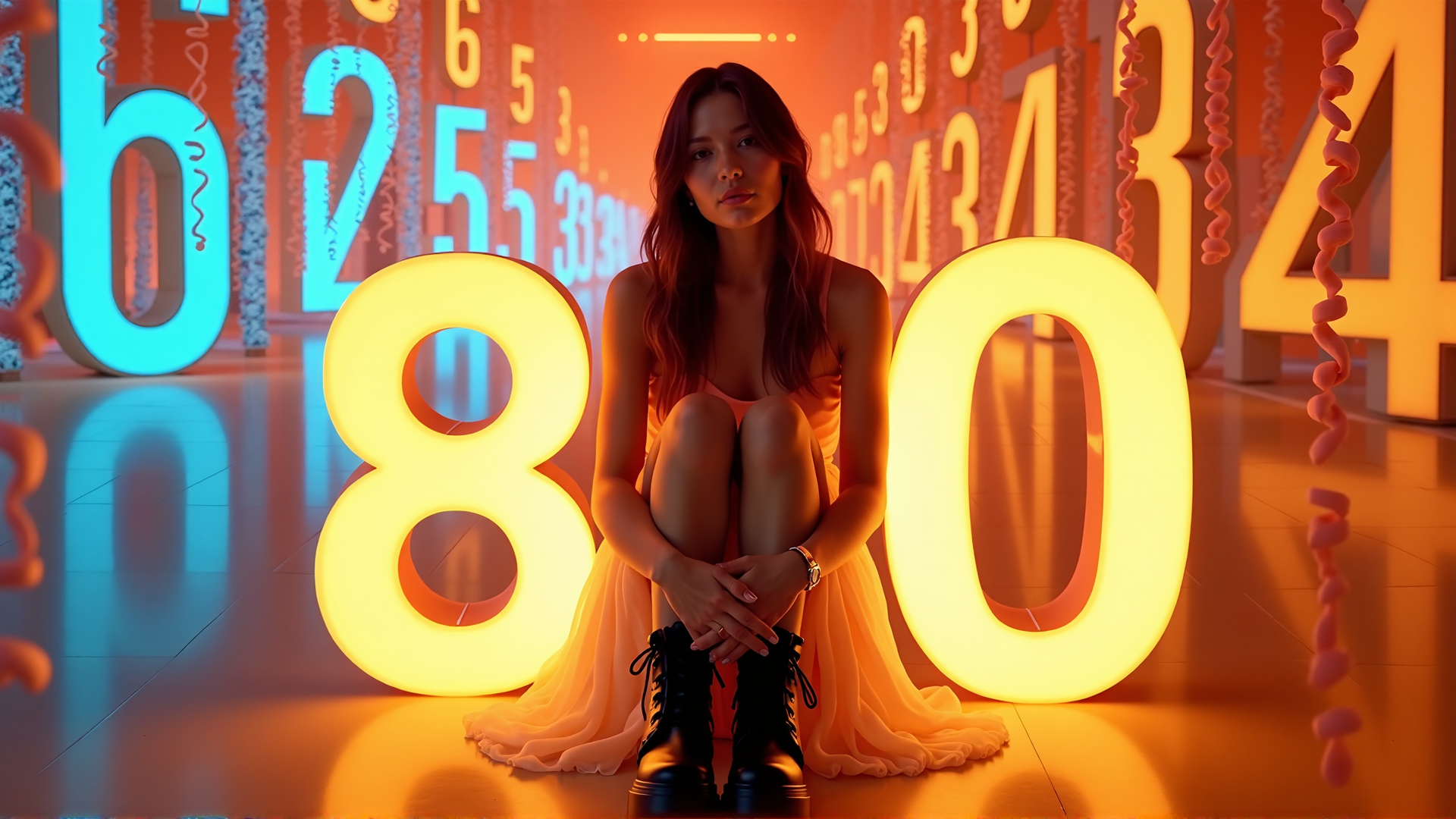 AI generated wallpaper featuring woman, numbers, digits, fashion, decor, lighting, background, gown, boots, party