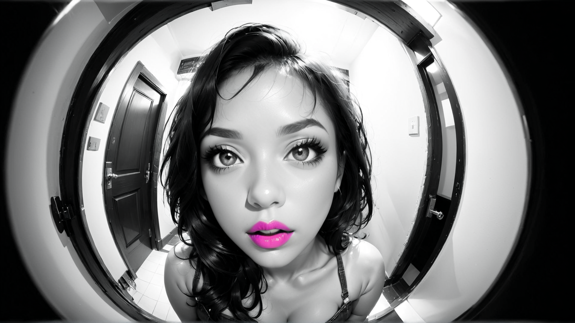 AI generated wallpaper featuring woman, mirror, door, corridor, hair, lipstick, eye, skin, shoulder, straps