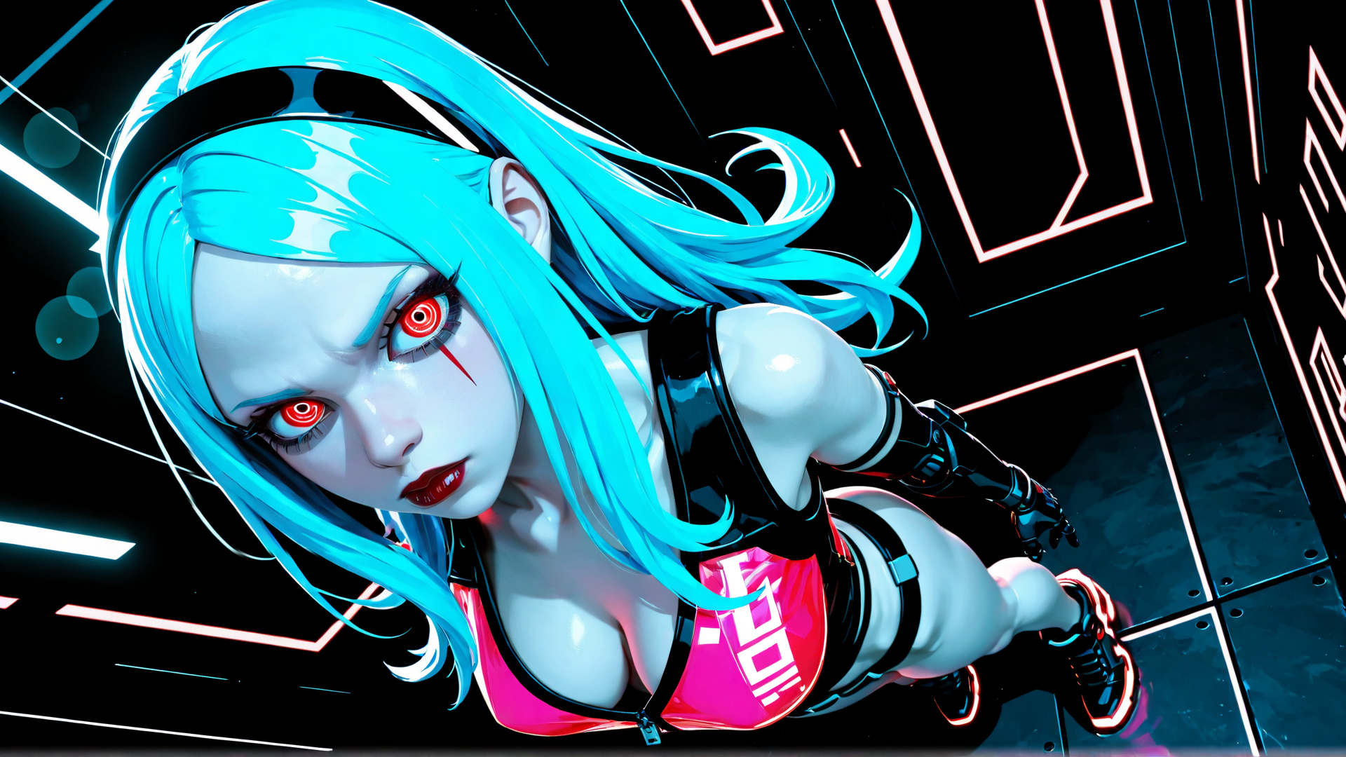 AI generated wallpaper featuring cyberpunk, girl, character, harley, anime, digital, art, neon, fashion, punk