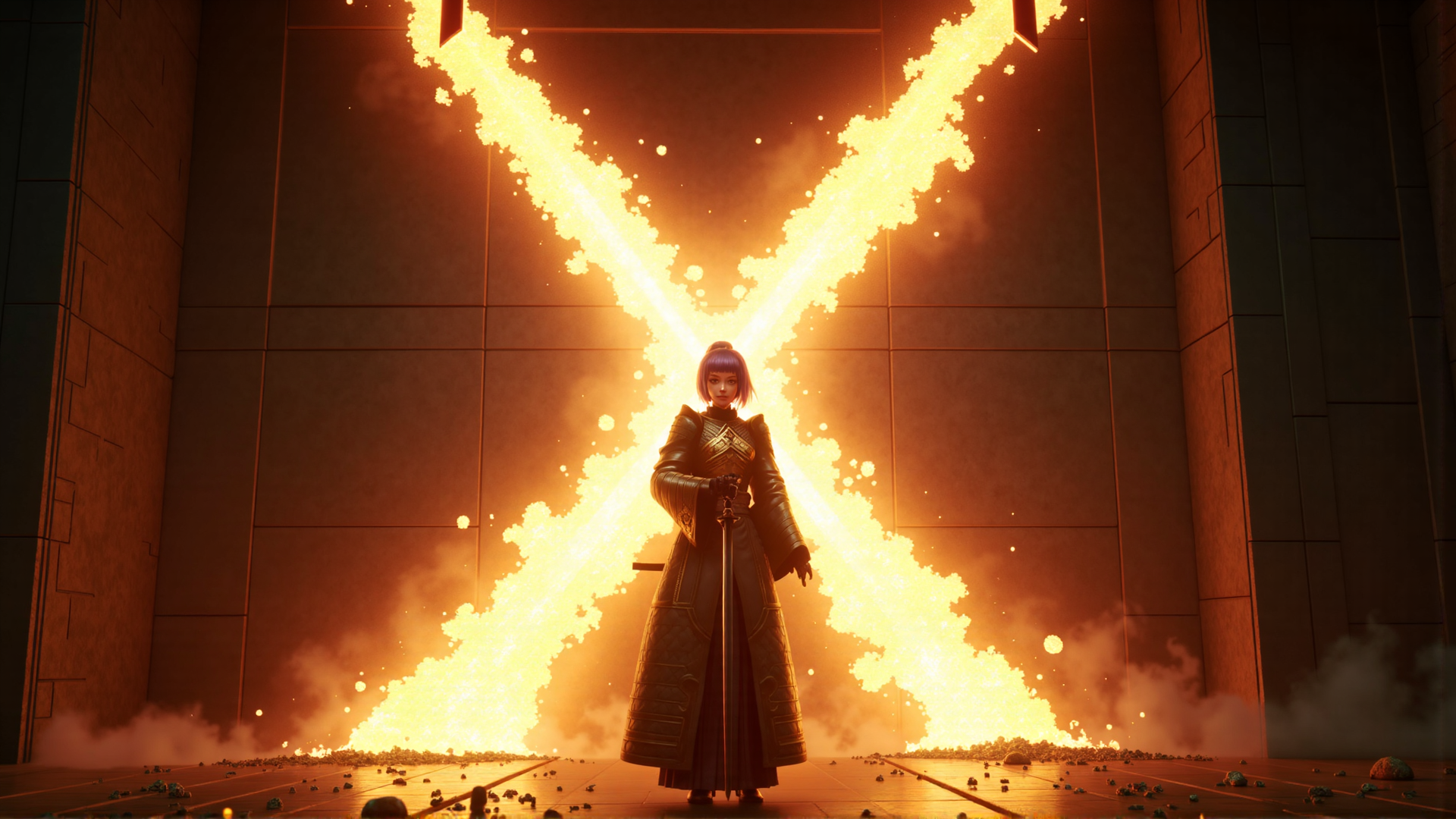 AI generated wallpaper featuring character, sword, fire, armor, building