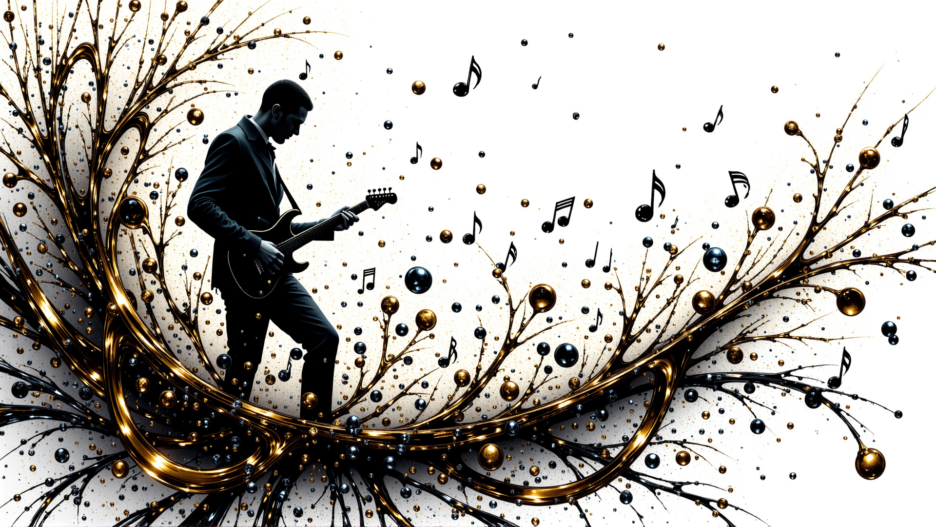 AI generated wallpaper featuring guitarist, guitar, branches, musical notes, spheres