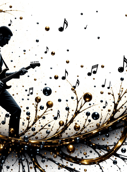 guitarist, guitar, branches, musical notes, spheres